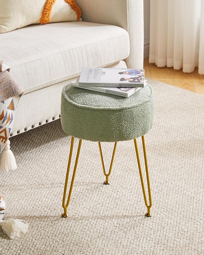 IBUYKE Teddy Velvet Round Footrest Stool Ottoman, Makeup Vanity Stool Side Table, Velvet Dressing Table Seat, Pouf Couch Stool, for Living Room Bedroom, Light Green WBD009D