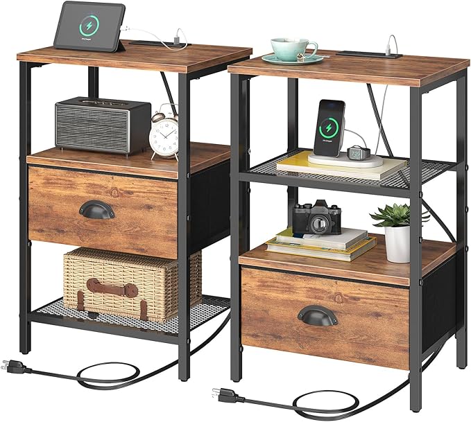 Nightstands Set of 2, Night Stands with Charging Station and Fabric Drawer, Bedside Tables with Storage, 2- Tier Side Table with Open Shelf, Nightstands with Charging Station,Rustic Brown