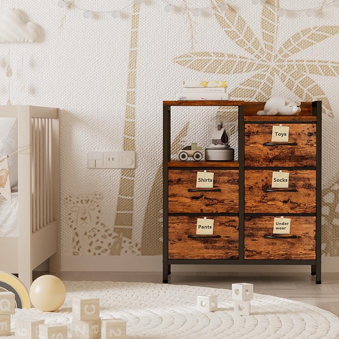 Furnulem 5 Drawer Rustic Brown Dressers for Bedroom 2 Tier Shelf Storage Small Fabric Dresser for Closet Sturdy Metal Frame Modern Style Storage Cabinets Organization Units for Hallway Rooms-NeatNest