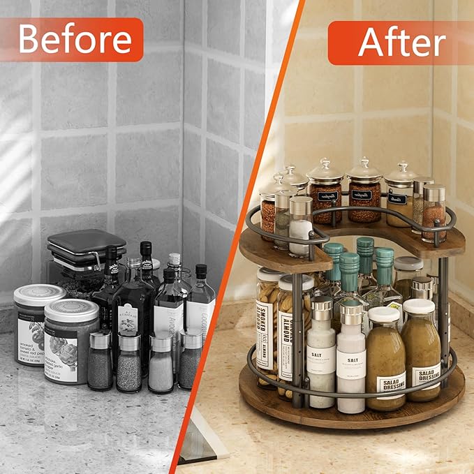 2 Tier Lazy Susan Organizer,2-Tier Spinning Spice Rack with Stable Carousel Base & 4 Height Settings for Cupboard Kitchen Countertop Dining Table Cupboard (Round)-NeatNest