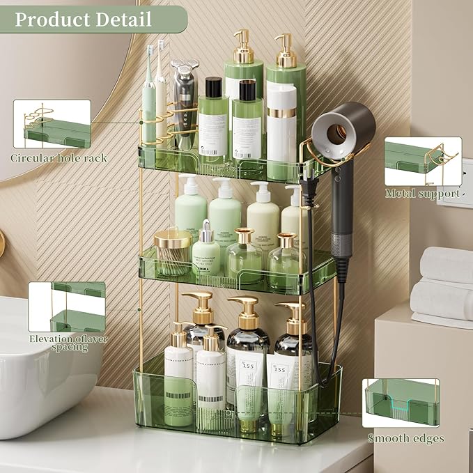 Bathroom Counter Organizer, Large Makeup Organizer Countertop, Shelf Storage, Vanity Tray, Easily Assemble for Bathroom Organizers and Storage, Undersink, Cabinet, 3 Tiers Green-NeatNest