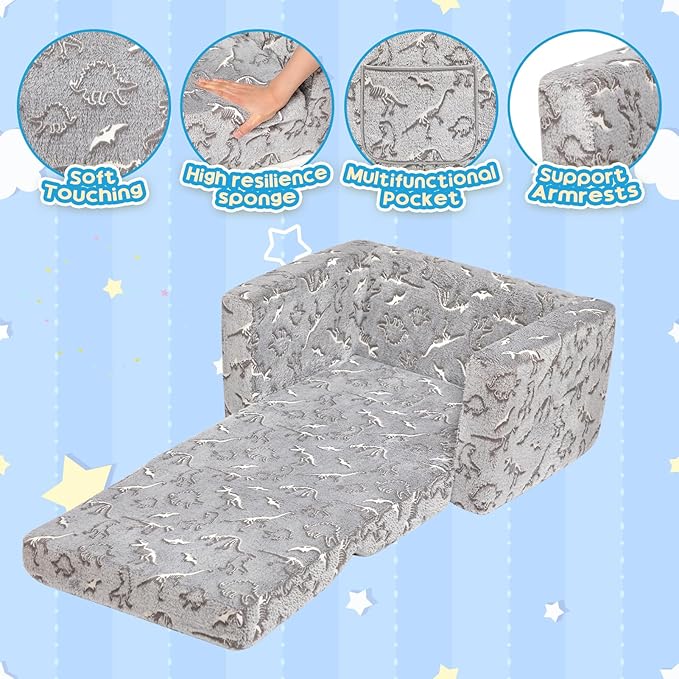 ALIMORDEN 2-in-1 Flip Out Cuddly Sherpa Toddler Couch, Convertible Sofa to Lounger, Glow in The Dark,Dinosaurs-NeatNest