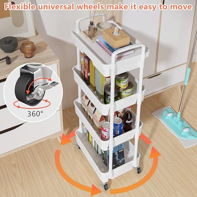Calmootey 4-Tier Rolling Utility Cart with Drawer,Multifunctional Storage Organizer with Plastic Shelf & Metal Wheel,Storage Cart for Kitchen,Bathroom,Living Room,Office,White-NeatNest
