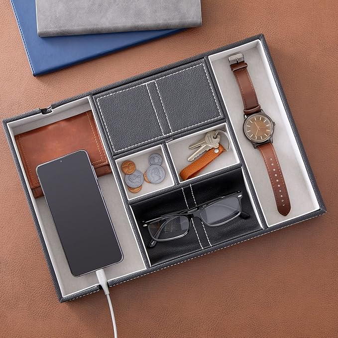 Juvale Leather Valet Catchall Tray for Men with 6 Compartments - Bedside Nightstand Organizer for Phones (Black) - Valet Tray-NeatNest