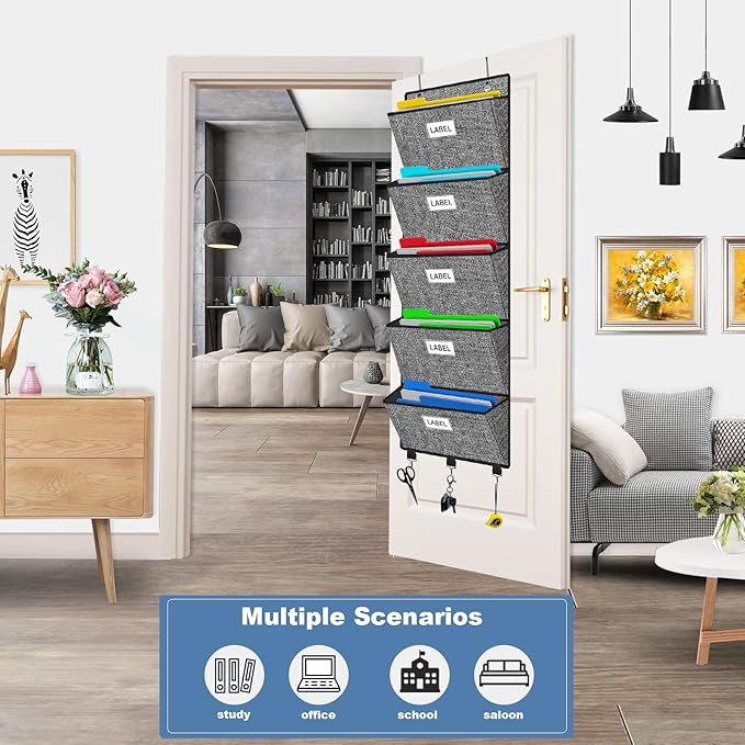 Homyfort Over the Door File Organizer, Hanging Wall File Folders with 5 Large Pockets for Papers, Charts, Mails, Magazine, Office and Back To Supplies Storage and Organization (Black)-NeatNest