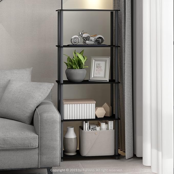 Furinno Turn-N-Tube 5-Tier Multipurpose Shelf / Display Rack / Storage Shelf / Bookshelf, Round Tubes, Black/Grey-NeatNest