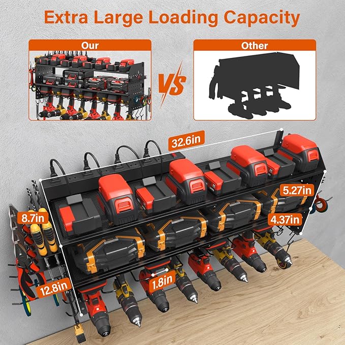 JUNNUJ Large Pegboard Power Tool Organizer with Charging Station, 8 Drills Driver and Tools Battery Holder Wall Mount with 8 Outlet Power Strip, Black 3-Layer Shop Garage Storage Utility Rack