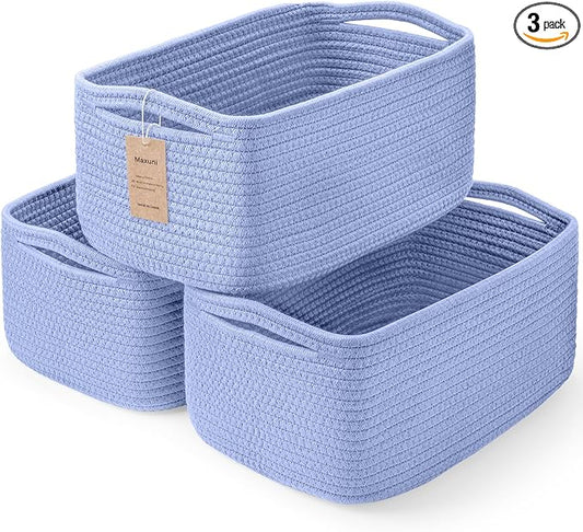 3-Pack Storage Baskets for Organizing | Woven Shelf Toy Basket | Rope Baskets for Gifts Empty | Closet Organizer Bins with Handles | Cube Decorative Box | 13.7×7.1×6.7” | Sky Blue-NeatNest
