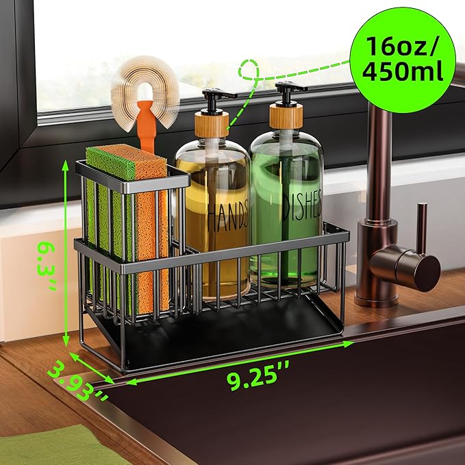 Cisily Dish Soap Dispenser, 16 fl Oz Dual Kitchen Soap Dispensers with Sponge Holder, Customized Stainless Steel Kitchen Soap Dispenser Set, Modern Hand and Dish Soap Bottle Set Removable-NeatNest