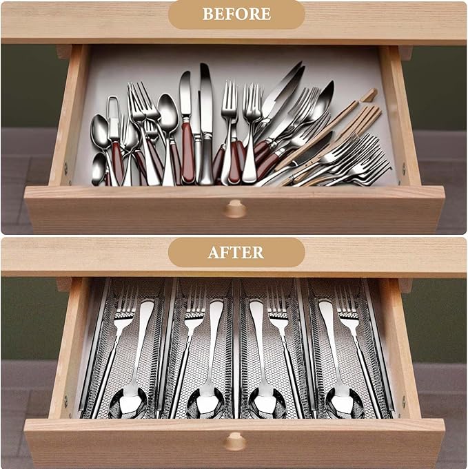 6 Pcs Mesh Silverware Drawer Organizer, Metal Drawer Organizer for Kitchen, Small Utensil Drawers Organizers with Interlocking Arm for Flatware, Knives, Spoons,Cosmetic (Silver 9 * 3 * 2 inch)-NeatNest