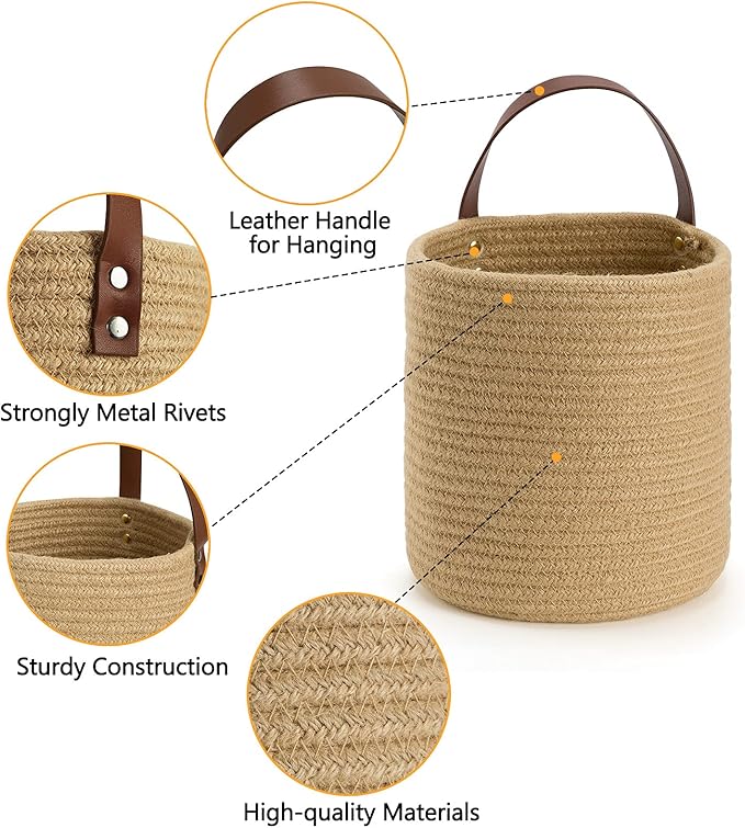 DULLEMELO Small Jute Hanging Basket 2 Pack - 7"D x 8"H, Woven Storage Basket With Leather Handle, Wall Decor Plants-NeatNest
