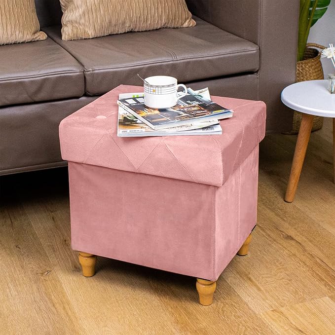 CAROLMADE Folding Storage Ottoman Cube Velvet Footstool with Wood Legs Ottoman Footrest for Living Room and Bedroom Pink, Grey 15"x12.6"x15.4"-NeatNest