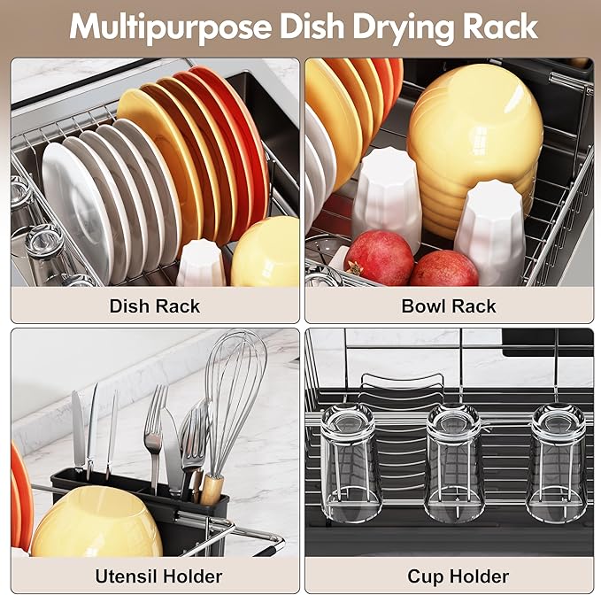 romision in Sink Dish Drying Rack, Stainless Steel Dish Drainers for Kitchen Sink, Use for in Sinks & Over Sink, Compact Dish Dryer Racks with Utensil & Cup Holder, Sliver