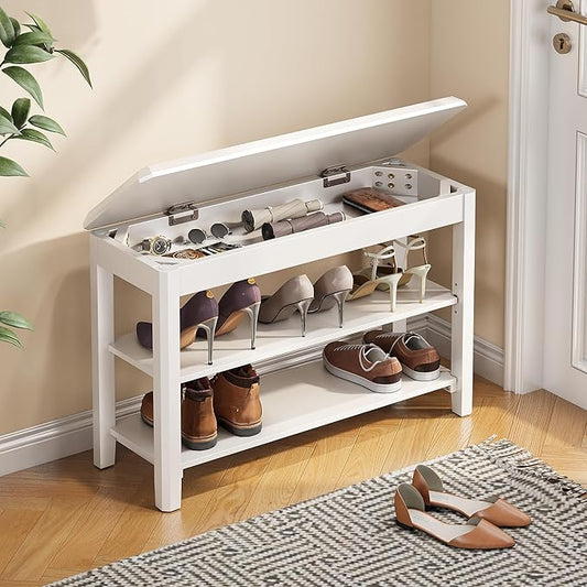 Shoe Rack Bench Seat Rubberwood 2-Tier Wooden Storage Bench 550lbs Compact Mid-Century Modern Design for Entryway, Hallway, Closet, Front Door Entrance, Foyer-NeatNest