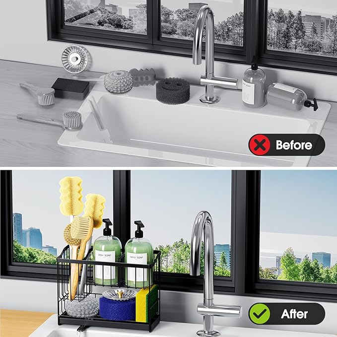 2 Tier Sponge Holder for Kitchen Sink Caddy with High Brush Holder, Kitchen Countertop Organizer and Storage Essential, Soap Dispenser Organize with Drain Tray-NeatNest