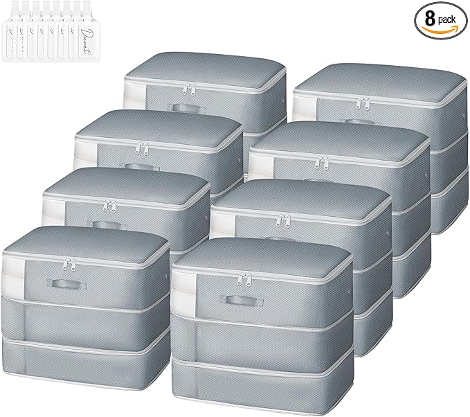 Comforter Storage Bag - Large Capacity Blanket Storage Bags 3-Layer Ultra Space Saving Self Compression Organizer, Washable Compression Bags for Storage Comforter Blanket, 8-Pack, Grey-NeatNest