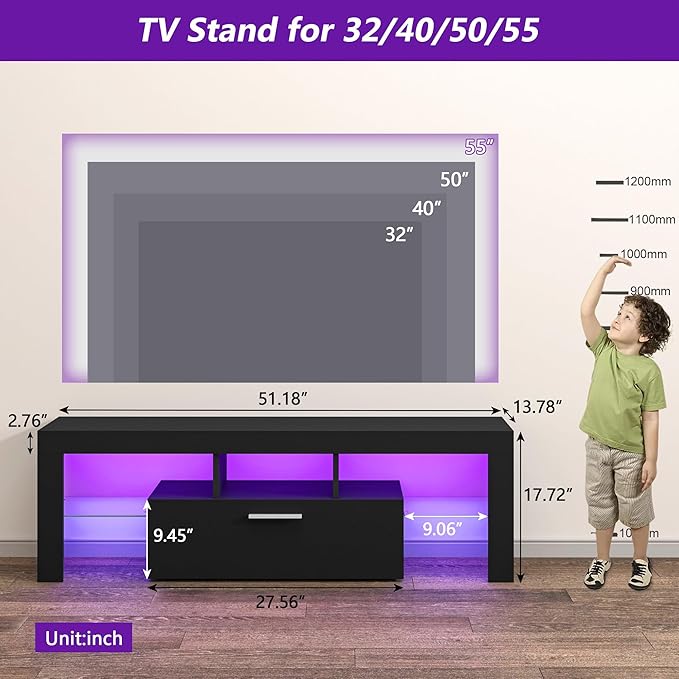 Clikuutory Modern Lighting 51 inch TV Stand with Large Storage Drawer for 32 40 50 55 Inch TVs, TV Console with 20 Color LED Lights, Entertainment Center Media and Open Shelf for Bedroom, Black-NeatNest