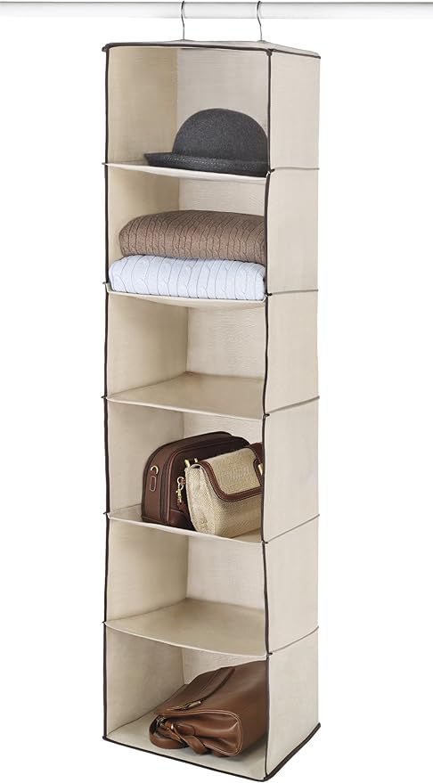 Whitmor Closet Organizer Heavy Duty Canvas 6 Shelf Hanging Accessory Bag, 6 Section, Off- White-NeatNest