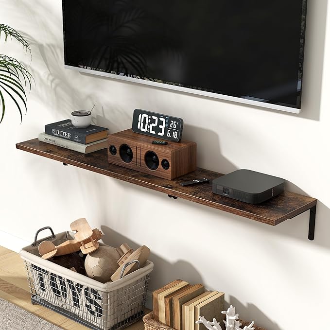 Fun Memories Deep Floating Shelves, 24W x 8D Floating Shelves Set of 2, Wall Mounted Shelf with Metal Brackets, Rustic Wood Wall Shelf for Bathroom, Kitchen and Living Room, Rustic Brown-NeatNest