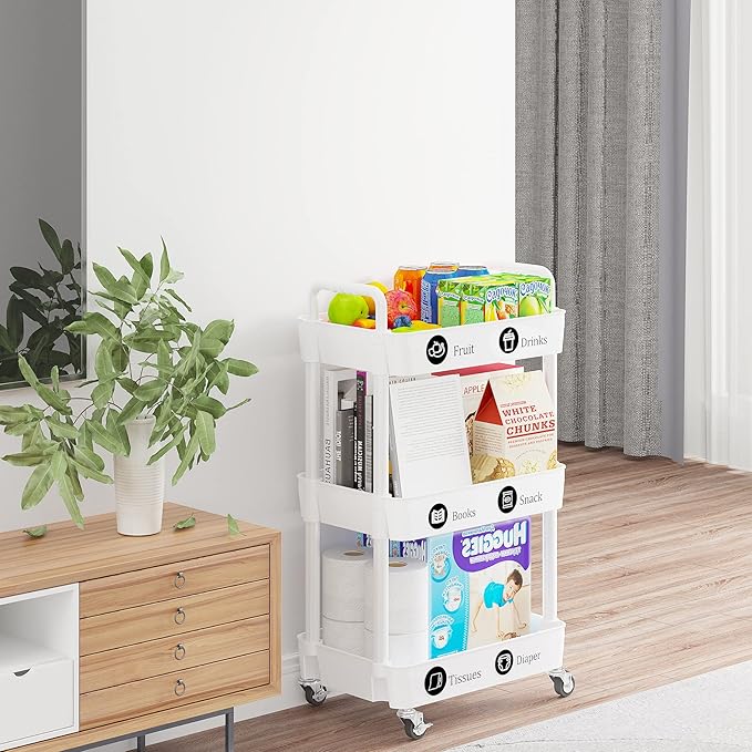 Laiensia 3-Tier Rolling Cart with Wheels,Multifunction Utility Storage carts, Kitchen Storage Organizer,Mobile Shelving Unit for Bathroom,Laundry,with Classified Stickers,White-NeatNest