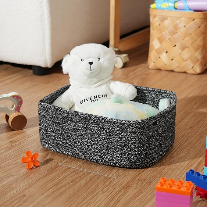 3-Pack Shelf Baskets for Organizing, Closet Organizer Bins, Small Woven Baskets, Rope Toy Basket, Storage Basket for Shelves, Cube Decorative Box, 11.5×7.5×4.7”, Mixed Black-NeatNest
