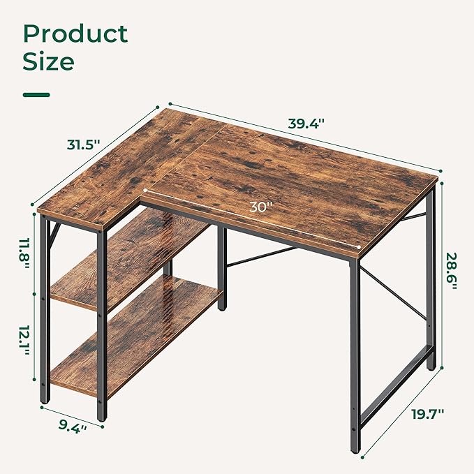 Huuger L Shaped Desk, 39 Inches Computer Desk with Reversible Storage Shelves, Gaming Desk, Corner Home Office Desks, Writing Study Desk with Metal Frame, Rustic Brown-NeatNest