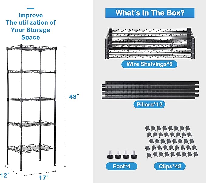 5-Tier Metal Wire Shelving Unit Snack Shelf Height Adjustable Storage Rack NSF Certified Storage Shelves 750 Lbs Capacity Standing Utility Shelf for Laundry Kitchen Pantry Garage Organization