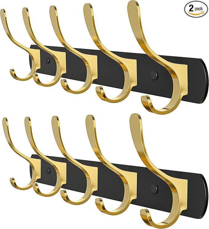 Black and Gold Coat Rack Wall Mounted - 16 Inch Heavy Duty Stainless Steel Matte Finish Wall Hook Rack - 5 Double Coat Hooks for Hanging Towels, Bags, Hat - Bathroom Entryway - 2 Pack-NeatNest