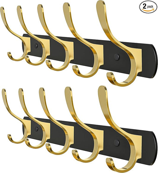 Black and Gold Coat Rack Wall Mounted - 16 Inch Heavy Duty Stainless Steel Matte Finish Wall Hook Rack - 5 Double Coat Hooks for Hanging Towels, Bags, Hat - Bathroom Entryway - 2 Pack-NeatNest