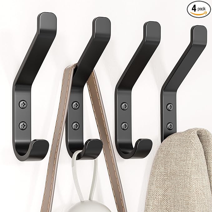 Coat Hooks Wall Mount for Hanging: 20LB Sturdy Hanger for Backpack, Towel, Bag, for Closet, Bathroom, Door, Mushroom, Stainless Black 4 Pack, 3.75"-NeatNest
