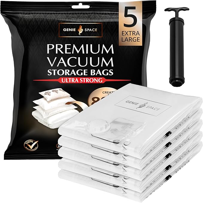 GENIE SPACE XL Vacuum Storage Bags - Pack of 5, Extra Large 40x30in | Strong Jumbo Space Saving Bags | Premium Airtight & Reusable Vacuum Bag for Clothes, Duvets, Curtains & More | inc Travel Pump-NeatNest