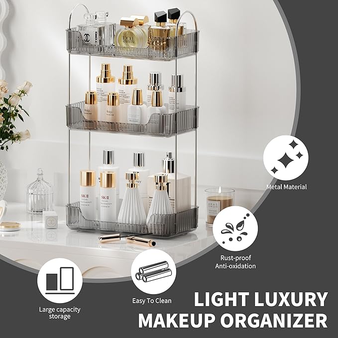 3 Tier Bathroom Organizer Countertop Makeup Perfume Tray Skincare Organizer for Bathroom Dresser Vanity (Grey)-NeatNest