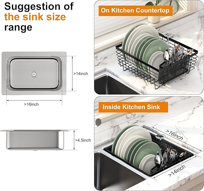 TQVAI Kitchen Dish Drying Rack Metal Dish Drainer with Full-Mesh Silverware Utensils Basket Holder, Black