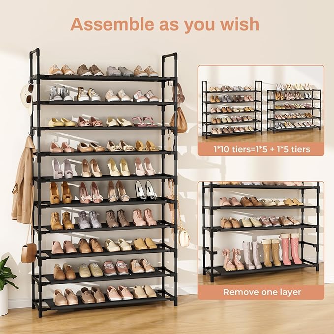 Tall Shoe Rack 10 Tier Shoe Organizer Large Shoe Shelf with 18 Hooks Storage for 50 Pair Sneaker and Boot, Stackable Vertical Shoe Rack Organizer for Closet, Entryway, Bedroom-NeatNest