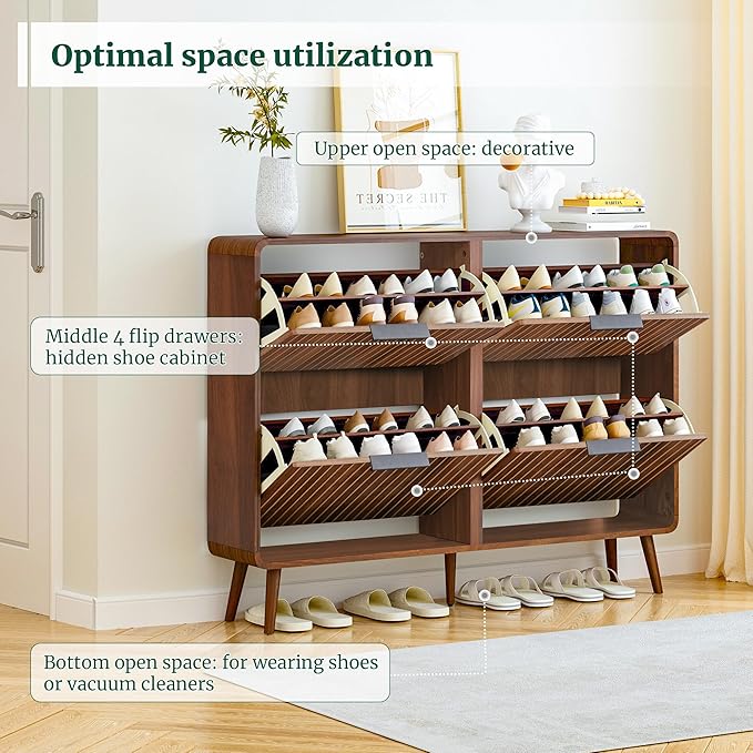 47" Fluted Large Shoe Cabinet with 4 Flip Drawers, Slim Freestanding Shoe Cabinet Organizer, Narrow Shoes Storage Rack for Entryway, 5 Sturdy Legs (Walnut, 9.45" D x 47.24" W x 35.83" H)