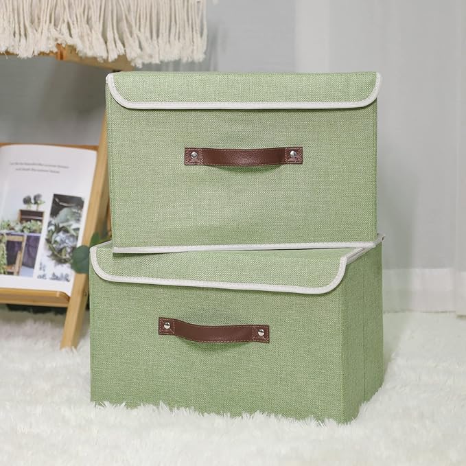 ANMINY 2PCS Storage Bins with Lid PU Leather Handles Storage Boxes PP Plastic Board Decorative Foldable Lidded Cotton Linen Fabric Home Cubes Baskets Closet Organizer Containers - Green, Large Size-NeatNest