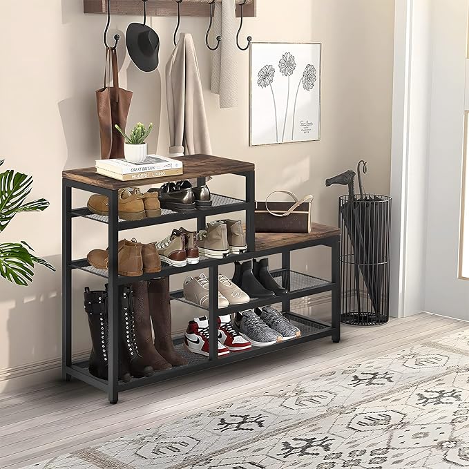 Shoe Rack Bench Shoe Storage Organizer with Seat, 5-Tier Industrial Free Standing Shoe Rack for Entryway, Narrow Shoe Rack Organizer Shelves for High Heels, Entryways, Hallways, Closets,Brown-NeatNest