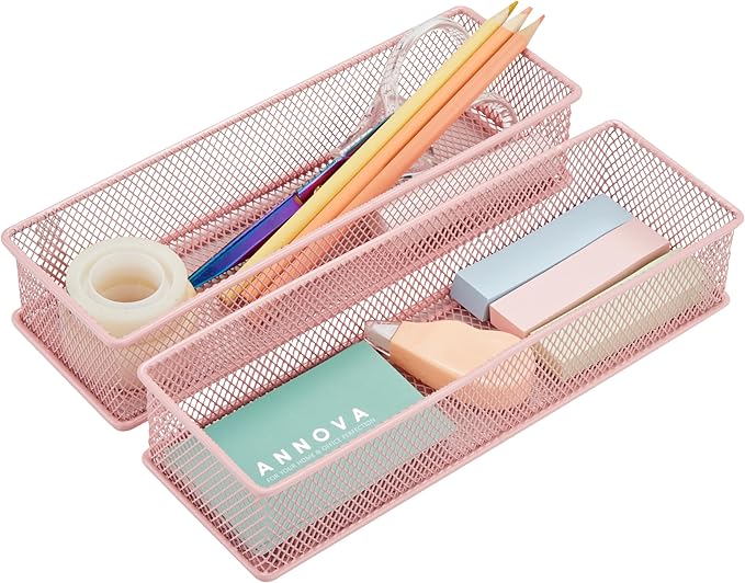 Annova Mesh Stackable Drawer Cabinet and Shelf Organizer Bins Storage Basket School Office Supply Holder Tray- Set of 2 (Light Pink, 3x9x2 Inch)-NeatNest