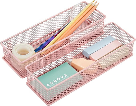 Annova Mesh Stackable Drawer Cabinet and Shelf Organizer Bins Storage Basket School Office Supply Holder Tray- Set of 2 (Light Pink, 3x9x2 Inch)-NeatNest