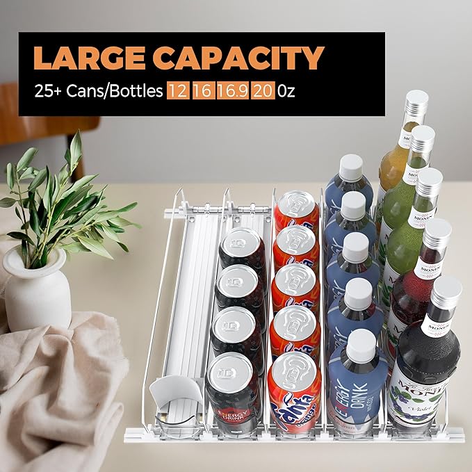 5 Rows Drink Organizer for Fridge, 15'' Soda Can Dispenser for Fridge with Pusher Glide, Width Adjustable Fridge Can Organization Hold Up to 25 Cans (White)