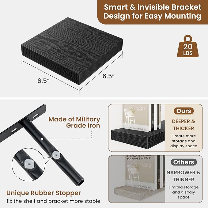fuqing Floating Shelves for Wall, Bathroom Shelf Wall Mounted for Storage, Shelves with Invisible Bracket for Bedroom, Kitchen, Living Room, Farmhouse Small Book Shelf, 6.5 Inch Set of 3, Black-NeatNest