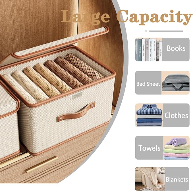 Tuza 2 Pack Storage Bins with Lids, Collapsible Closet Organizer Container, Fabric Organizer Box with Handles, Decorative Storage Boxes with Lids for Organizing Clothes, Books, File, White, Large-NeatNest
