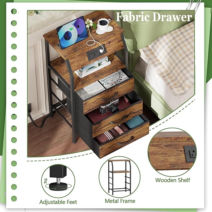 Furnulem Night Stand with Charging Station, USB Ports and Outlets, 28.3 Inch Tall Bedside Table with Wood Shelf, 3 Fabric Drawers Side Table for Bedroom, 3 Ways to Use, Rustic Brown