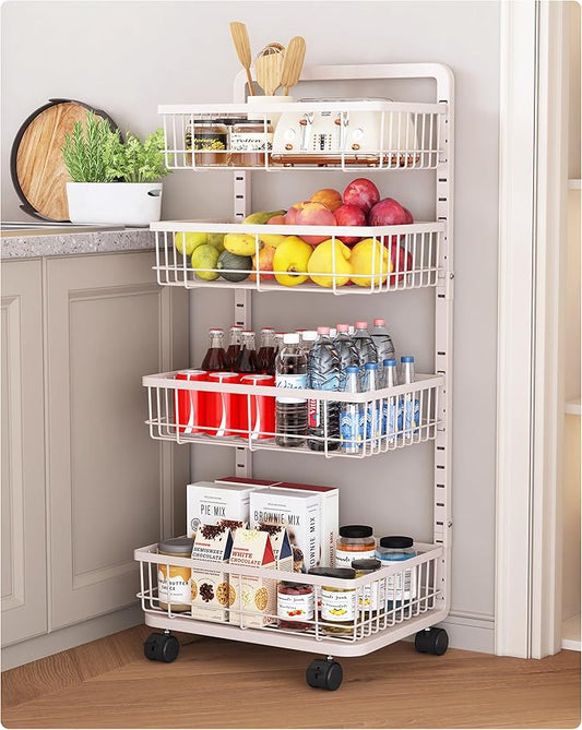 UMDONX 4-Tier Kitchen Storage Cart Metal Snack Cart Adjustable Fruit Basket on Wheels Stand Baskets for Potato Onion Produce White