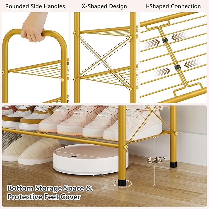 Hoctieon 4 Tier Mesh Style Shoe Rack, Entryway Shoe Shelf, Shoe Storage Organizer, Shoe Rack for Closet, Space Save for Bathroom, Garage, Hallway, Bedroom, Living Room, Gold-NeatNest