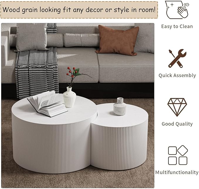 Modern Round Wooden Nesting Coffee Table Set of 2 Circle Tables with Non-Slip Feet, Accent Side End Table, Saving Space Design and No Need Assembly (GSMALL)