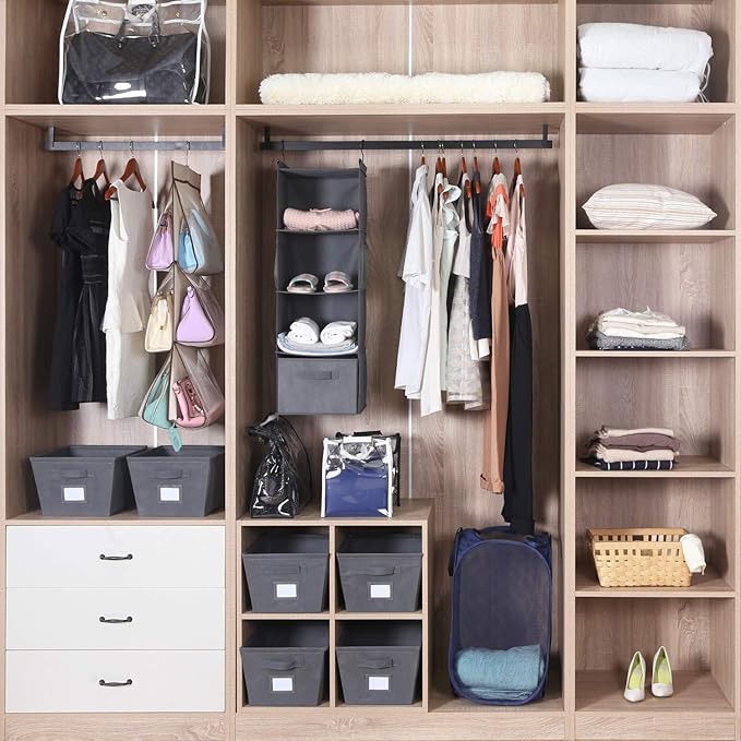 MAX Houser 4-Shelf Hanging Closet Organizer, Space Saver, Cloth Hanging Shelves with 2 Side Pockets, Foldable (Grey)-NeatNest