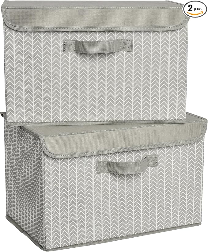 GRANNY SAYS Fabric Bins with Lids, Decorative Storage Containers with Lids, Stackable Storage Bins, Large Storage Boxes for Organizing Closet Shelves, Light Gray/White, 2-Pack-NeatNest