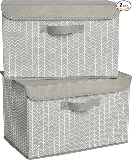 GRANNY SAYS Fabric Bins with Lids, Decorative Storage Containers with Lids, Stackable Storage Bins, Large Storage Boxes for Organizing Closet Shelves, Light Gray/White, 2-Pack-NeatNest