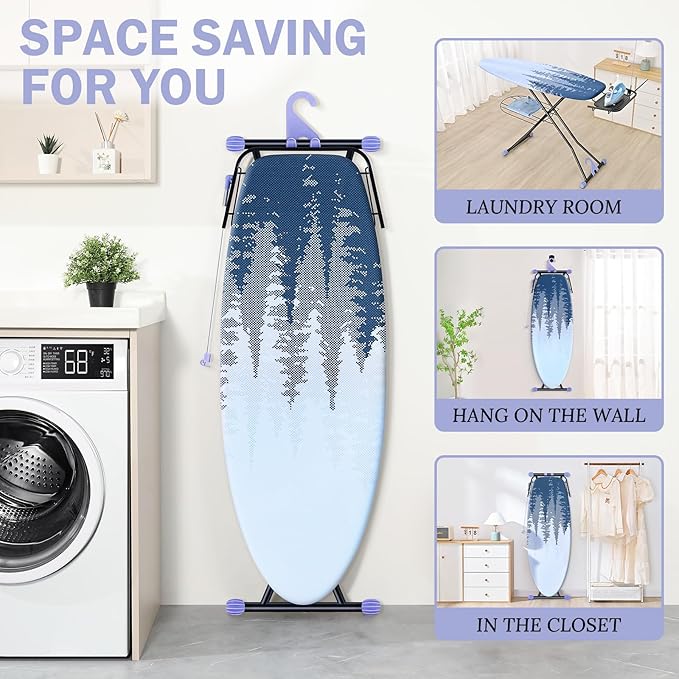 APEXCHASER Ironing Board Full Size, Metal Panel Iron Board with Heat & Scorch Resistant Cover, Adjustable Height Heavy Duty Ironing Board with Stretchable Iron Rest, for Home, Dorm, 18 x 51, Purple